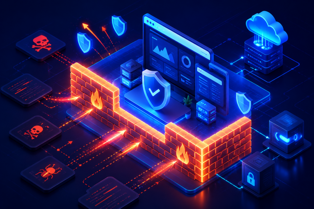 Illustration showing firewall protecting a website from cyber attacks.